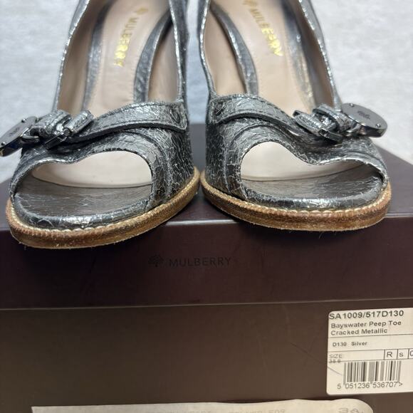 Mulberry Bayswater Peep Toe Cracked Metallic Silver Block Heel Pump EU Size 38.5 - Picture 14 of 16
